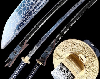 40" handsmidd japansk samurajsvärd äkta katana full tånge skarp 1065 kolstål blå krackelerad klinga guld drake tsuba svart lack saya