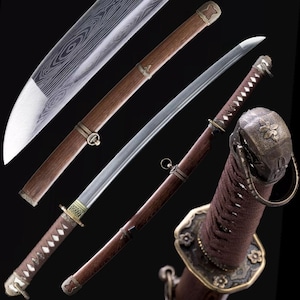 Handsmidd japansk samurajsvärd Katana full tånge vass Wakizashi typ 98 officerssabel damaskusstål med beslag i brunt sayaguldlegering