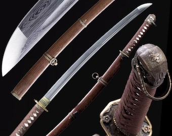 Handsmidd japansk samurajsvärd Katana full tånge vass Wakizashi typ 98 officerssabel damaskusstål med beslag i brunt sayaguldlegering
