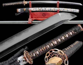 40" Boutique Handsmidd Japansk Samurajsvärd Katana Lera Härdat Vikt Stål Full Tang Rakblad Äkta Grå Saya Catana Handgjort