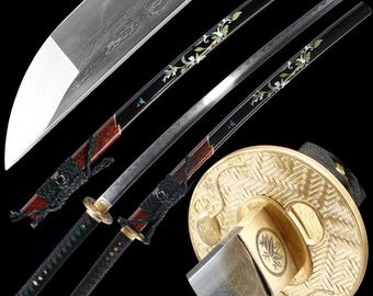 40" handsmidd japansk samurajsvärd äkta katana full tånge vasst blad vikt damaskusstål med guldkrysantemum tsuba present till far