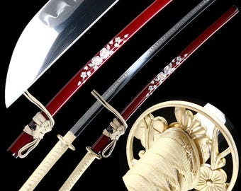 40" handsmidd japansk samurajsvärd äkta katana full tånge vass lerhärdat T10 stål guld krysantemum tsuba röd saya present till män