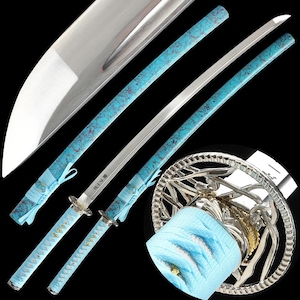 Hand Forged Japanese Samurai Sword Full Tang Sharp 1065 Carbon Steel Full Tang Katana with Sky Blue Marble Saya and Silver-Gold Floral Tsuba
