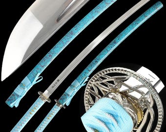 Hand Forged Japanese Samurai Sword Full Tang Sharp 1065 Carbon Steel Full Tang Katana with Sky Blue Marble Saya and Silver-Gold Floral Tsuba