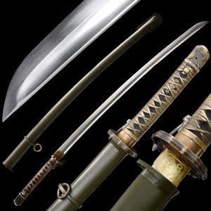 May include: An angled shot of a Japanese katana sword with a silver blade and a green handle and sheath. The handle is wrapped in a brown, diamond-patterned design. The sword has a gold-colored hilt and accents.