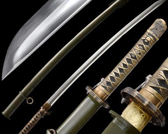 Handsmidd japansk samurajsvärd katana full tånge rakblad 98-typ militär sabel 1095 kolstål med kopparbeslag
