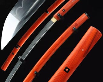 Épée de samouraï japonaise Katana forgée à la main, pleine soie, tranchante, acier T10, Shirasaya Wakizashi, argile, véritable Hamon en palissandre Saya