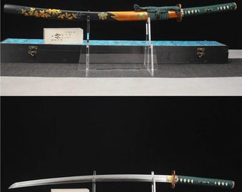 Boutique 40" handsmidd japansk samurajsvärd äkta katana full tånge vass lerhärdat vikt stål förgylld och försilvrad tsuba present till män