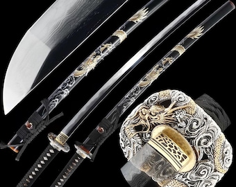 40" Handsmidd Japansk Samurajsvärd Äkta Katana Full Tange Vass Blad Vikt Damascus Stål Svart Drake Saya - Silver-Guld Drake Tsuba