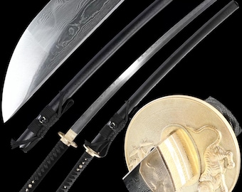 Épée de samouraï japonaise forgée à la main de 40 po., véritable katana, lame tranchante, acier damas, gravure de dragon, tsuba tigre doré et saya noire
