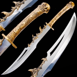 May include: Ornate gold-colored sword with a curved, double-edged blade. The handle and hilt feature intricate dragon and floral designs. The blade is silver and reflects light. The sword has a decorative, fantasy aesthetic.