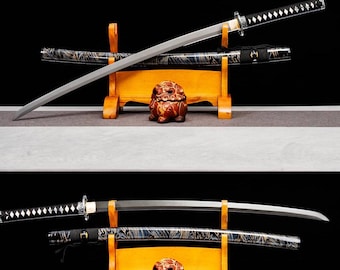 Handsmidda japanska samurajsvärd, äkta katana, fjäderstål, blad, legering, tsuba, full tang