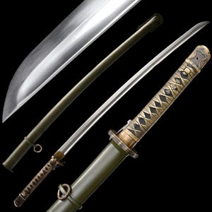 May include: A Japanese katana sword with a silver blade and a green scabbard. The handle is wrapped in a brown pattern, and the hilt is gold. The sword is displayed against a black background.