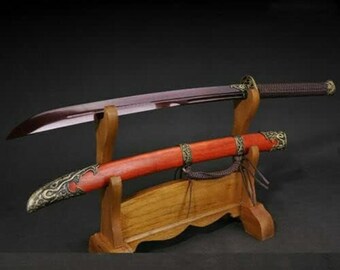 Blodrött blad Damaskus vikt stål kinesiskt LongQuan-svärd KungFu bredsvärd present till far pojkvän heminredning kniv