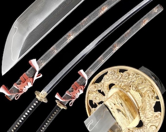 40" handsmidd japansk samurajsvärd äkta katana full tånge vasst blad vikt damaskusstål med guld drake tsuba i svart rockskind saya