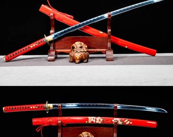 Handsmidd japansk samurajsvärd katana manganstål full tånge catana röd saya legering tsuba