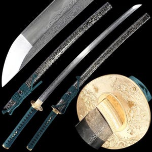 May include: A Japanese katana sword with a curved, polished steel blade. The handle is wrapped in teal fabric, and the guard is gold. The blade has a unique pattern, and the scabbard is visible in the background.