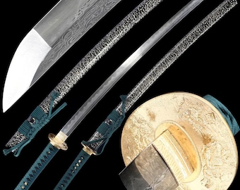 40" handsmidd japansk samurajsvärd äkta katana full tånge vass klinga vikt damaskusstål med hamon, guld drake tsuba grå saya