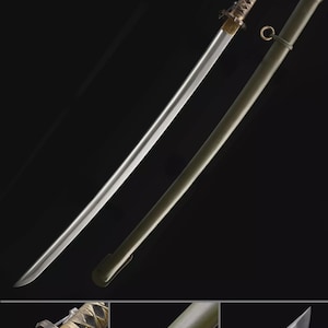 May include: A Japanese katana sword with a silver blade and a decorative handle. The sword is displayed with its olive green scabbard. The handle has a detailed, woven design. The blade is sharp and curved.