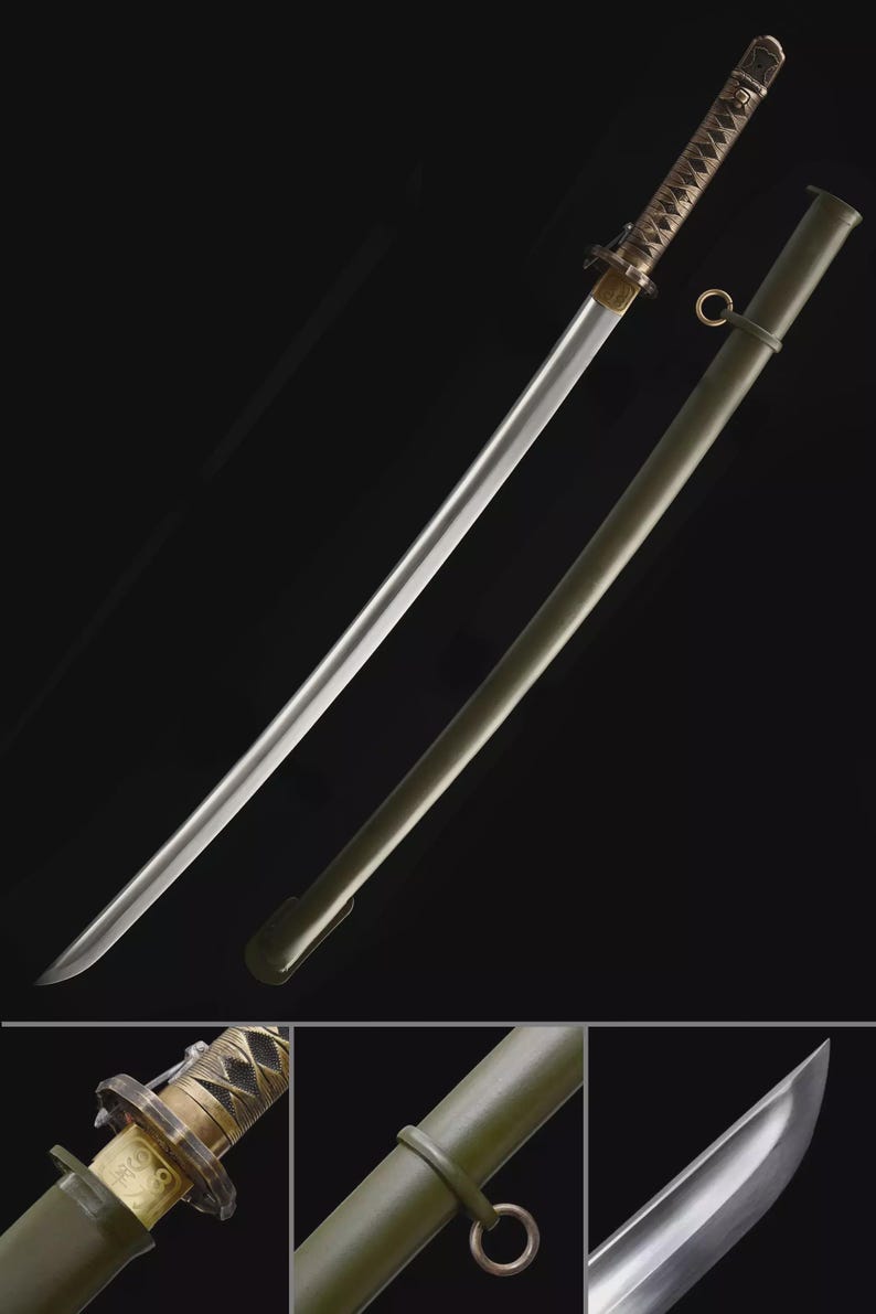 May include: A Japanese katana sword with a silver blade and a decorative handle. The sword is displayed with its olive green scabbard. The handle has a detailed, woven design. The blade is sharp and curved.