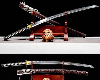 Handsmide japanskt samurajsvärd Katana lerhärdat stål fulltånge legering tsuba