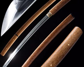 Handsmidd japansk samurajsvärd Katana Full Tang rakbladsvass Shirasaya Wakizashi-svärd i T10 kolstål med naturligt wengeträ Saya