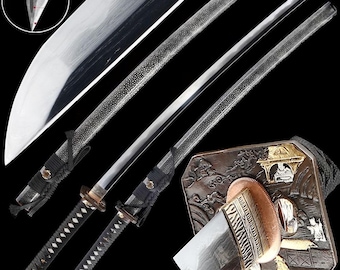 40" Handsmidd Japansk Samurajsvärd Äkta Katana Full Tange Vasst Blad Vikt Damascus Stål Pearl Rayskin Saya - Brons Samurai Tsuba