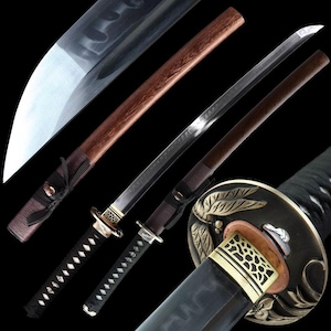May include: A collection of Japanese katana swords. The blades are silver with a dark brown wooden handle and scabbard. The handles are wrapped in black fabric with a decorative metal guard. The sword's guard features an ornate design.