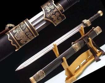 Handgjort kinesiskt KungFu-svärd "HanJian" Katana, slipat, vikt damaskusstålblad, ebenholtsslida