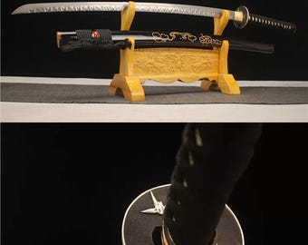 40" handsmidd japansk samurajsvärd äkta katana full tånge vass vikt damaskusstålblad koppar förgylld och försilvrad tsuba present till män