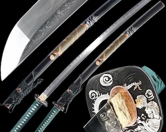 40" handsmidd japansk samurajsvärd äkta katana full tånge vass klinga vikt damaskusstål med handmålad saya drake tsuba
