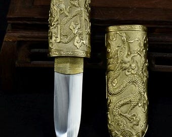 7,87" handsmidd japansk samurajsvärd äkta katana full tånge vass kort dolkkniv hög manganstål kopparbeslag