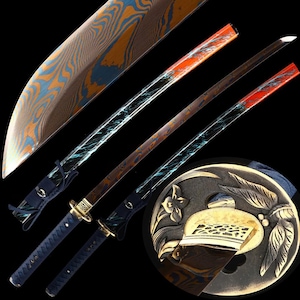 May include: Three Japanese-style swords with ornate handles and blades. The blades feature a distinctive pattern of orange, blue, and brown hues. The handles are wrapped in dark blue fabric, and the sword guards are gold-colored.