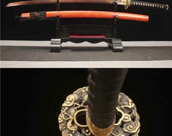 40" handsmidd japansk samurajsvärd äkta katana full tånge vass röd vikt damaskusstålblad koppar tsuba röd saya present till far