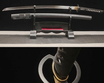 40" handsmidd japansk samurajsvärd äkta katana full tånge vass röd fjäderstål järn tsuba svart lövträ saya present till far