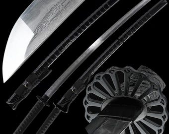 Épée de samouraï japonaise forgée à la main de 40 po., véritable katana, lame tranchante pleine soie, acier damas plié avec chrysanthème tsuba en fer - Saya noir