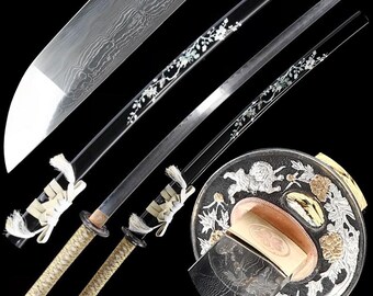 40" handsmidd japansk samurajsvärd äkta katana full tånge vass klinga vikt damaskusstål med svart pianolack saya koppar tsuba