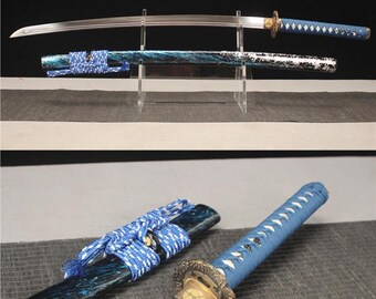 40" handsmidd japansk samurajsvärd äkta katana full tånge vass fjäderstålblad legering tsuba blå saya present till pappa pojkvän