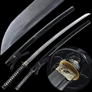 May include: A Japanese katana sword with a curved, silver blade and a black handle. The sword features a detailed, ornate guard and a black scabbard. The blade has a distinctive pattern, and the handle is wrapped with a black cord.