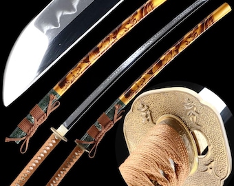 40" handsmidd japansk samurajsvärd äkta katana full tånge vass lerhärdat T10 stål guld koppar tsuba lövträ saya present till män