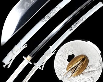 40" handsmidd japansk samurajsvärd äkta katana full tånge vass lerhärdat T10 stål med drake tsuba och vit saya gåva till män