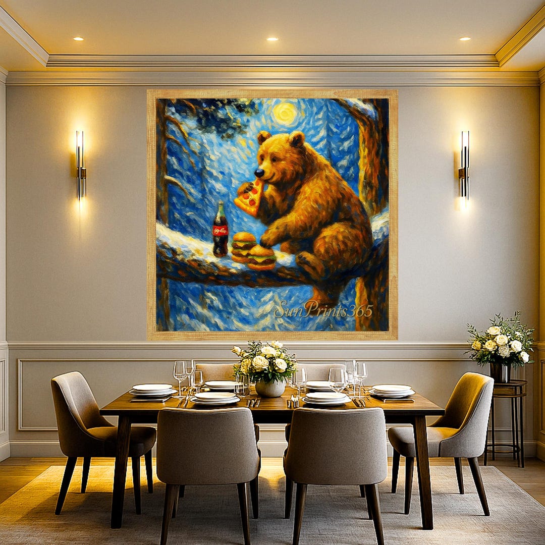 kitchen & dining prints – wolf & bear prints Images... Whimsical Bear Eating Pizza Night Scene Watercolor Kitchen Wall Art ...