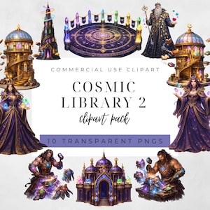 Könnte beinhalten: Eine digitale Clipart-Sammlung mit dem Titel Cosmic Library 2, bestehend aus zehn transparenten PNG-Dateien, darunter Zaubererfiguren, verzierte Kuppeltürme, eine kreisförmige magische Plattform und eine Schmiedefigur.