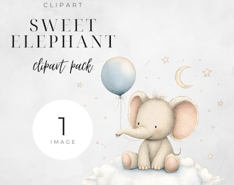 Sweet Elephant Clipart, Baby Elephant with Blue Balloon PNG, Cute Safari Animal Illustration, Digital Elephant Art for Creative Projects
