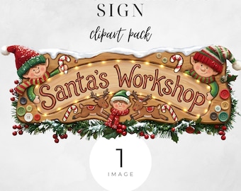 Santa’s Workshop Sign Clipart, Christmas Elf Toy Shop Sign PNG, Festive Wooden North Pole Sign Images for Crafts Journals Holiday Projects
