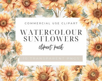 Orange Sunflower Clipart Bundle, Watercolor Floral PNGs, Rustic Autumn Sunflowers for Invitations, Vintage Botanical Fall Flower Download