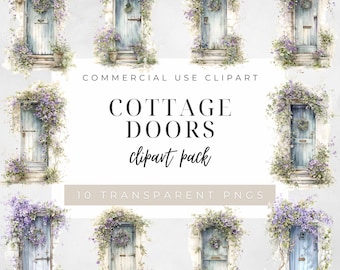 Cottage Doors Clipart Bundle, Watercolor Rustic Door PNGs, Vintage Countryside Entrance Illustrations for Scrapbooking & DIY Crafts