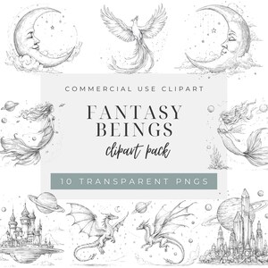 Könnte beinhalten: Eine digitale Sammlung von schwarz-weißen Strichzeichnungen mit Fantasy-Wesen, darunter Meerjungfrauen, Drachen, ein Phönix und Mondsicheln mit Gesichtern. Der Text lautet COMMERCIAL USE CLIPART FANTASY BEINGS clipart pack 10 TRANSPARENT PNGS.
