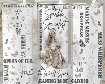 Housekeeper Cleaning Lady Cleaner Themed, 20oz Seamless Skinny Tumbler Wrap Straight & Tapered Design, Digital Download PNG Commercial Use