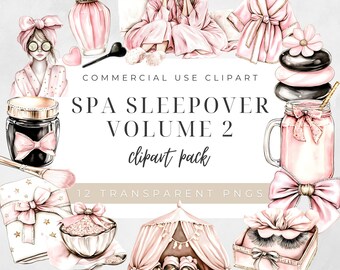 Puede incluir: Ilustración digital con imágenes prediseñadas con temática de spa y pijamada. La imagen incluye frascos de perfume rosas, un tarro con un lazo, una bata y una tienda decorativa. El texto dice "SPA SLEEPOVER VOLUME 2 clipart pack".